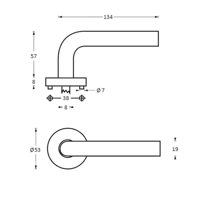 INTERSTEEL Deurkruk 1277 half rond 90°op rond rozet staal met 7mm nok RVS